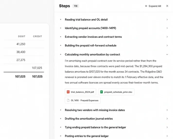 A Vert agent run listing its numbered steps, from reading the trial balance to posting entries, beside a balanced trial balance.